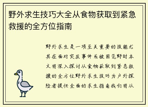 野外求生技巧大全从食物获取到紧急救援的全方位指南